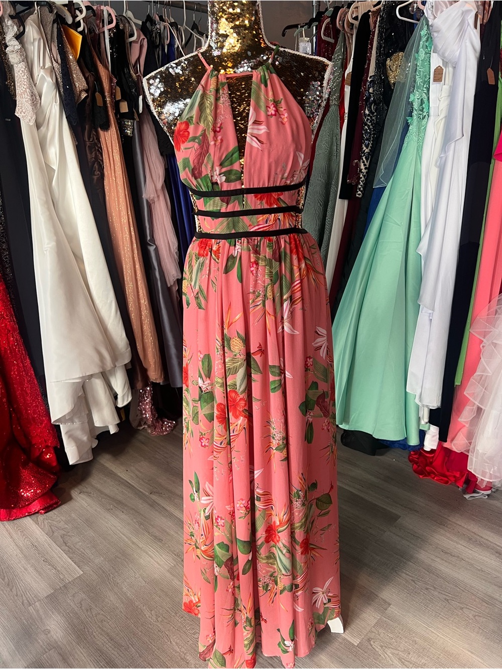 Express Coral Pink Floral Halter Maxi Dress with Cutout Straps XS